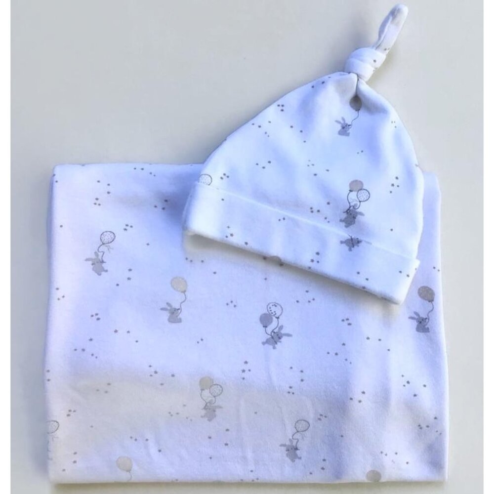 The Little White Company of London Baby Blanket w/ Cap Bunny Balloon Organic